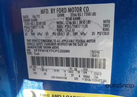 2012 Ford F-150 Xlt z USA, uszkodzony, nr VIN 1FTFW1ET7CFC22280